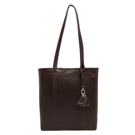 Genuine Leather Shoulder Bag with Multi-Compartment - Bitter Brown