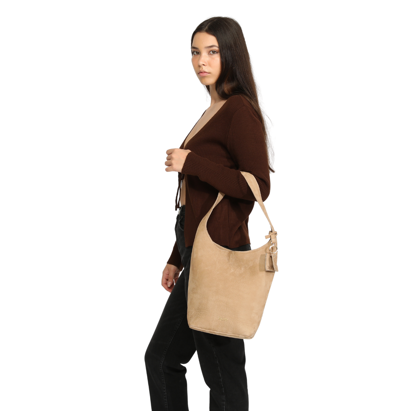 Nubuck Leather Hobo Bag - Sand