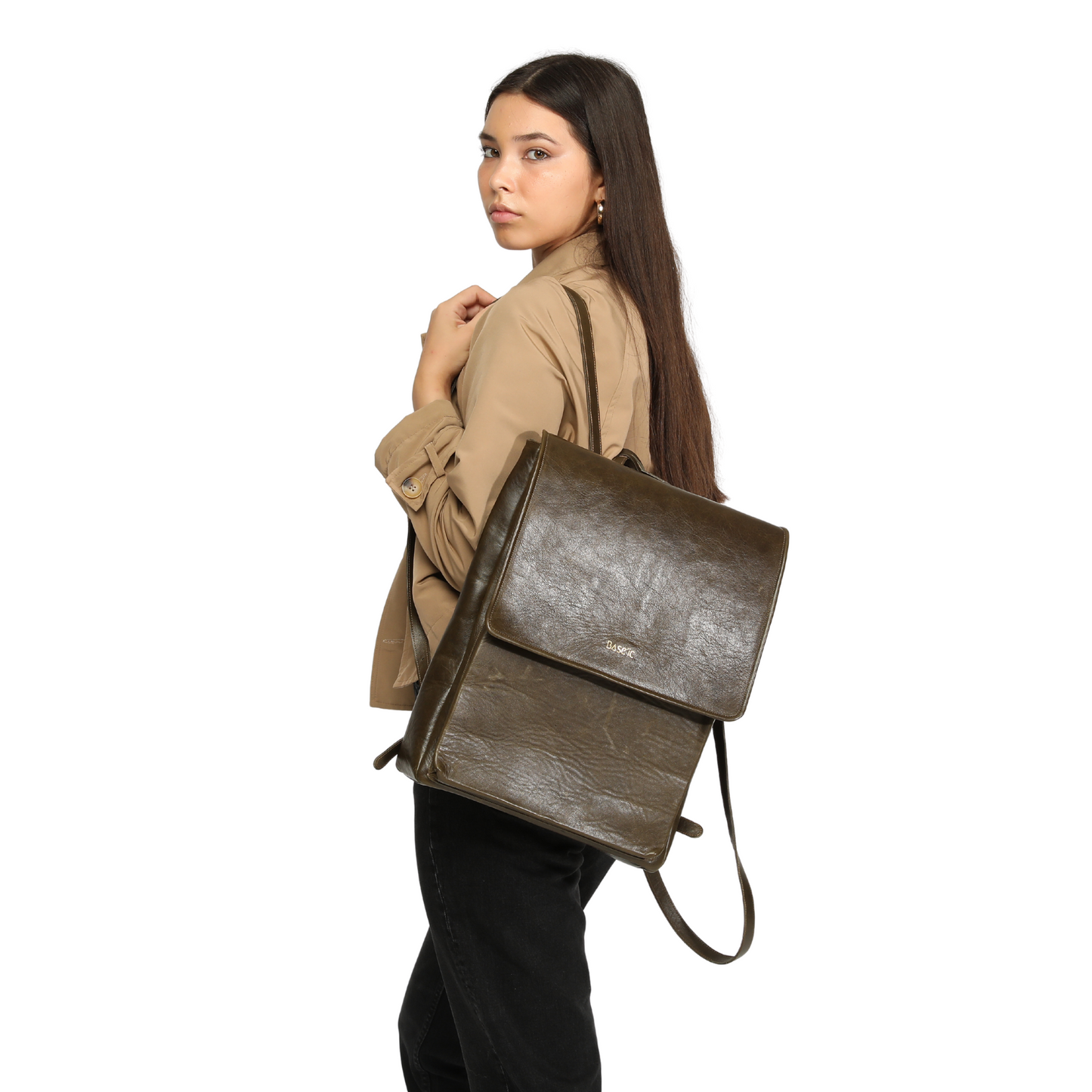 Genuine Leather Backpack With Laptop Compartment - Dark Olive