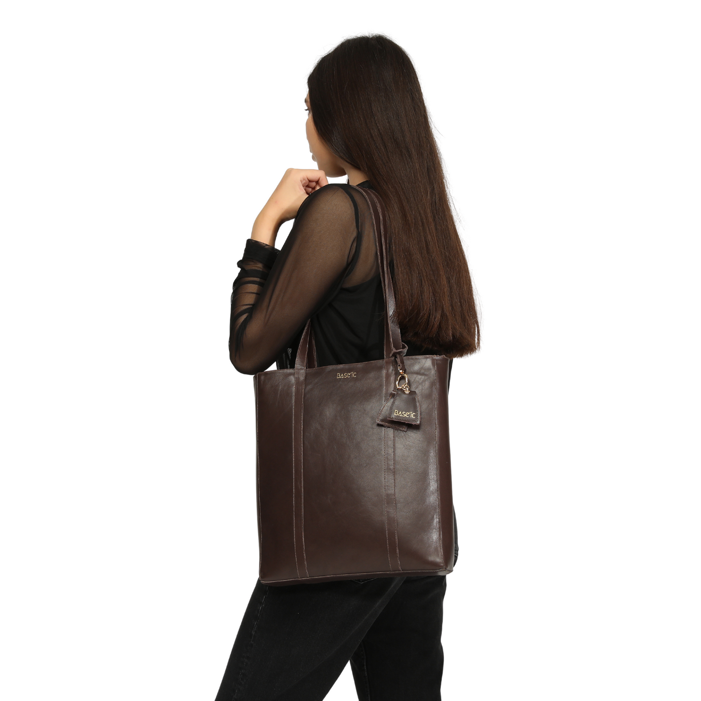 Genuine Leather Shoulder Bag with Multi-Compartment - Bitter Brown