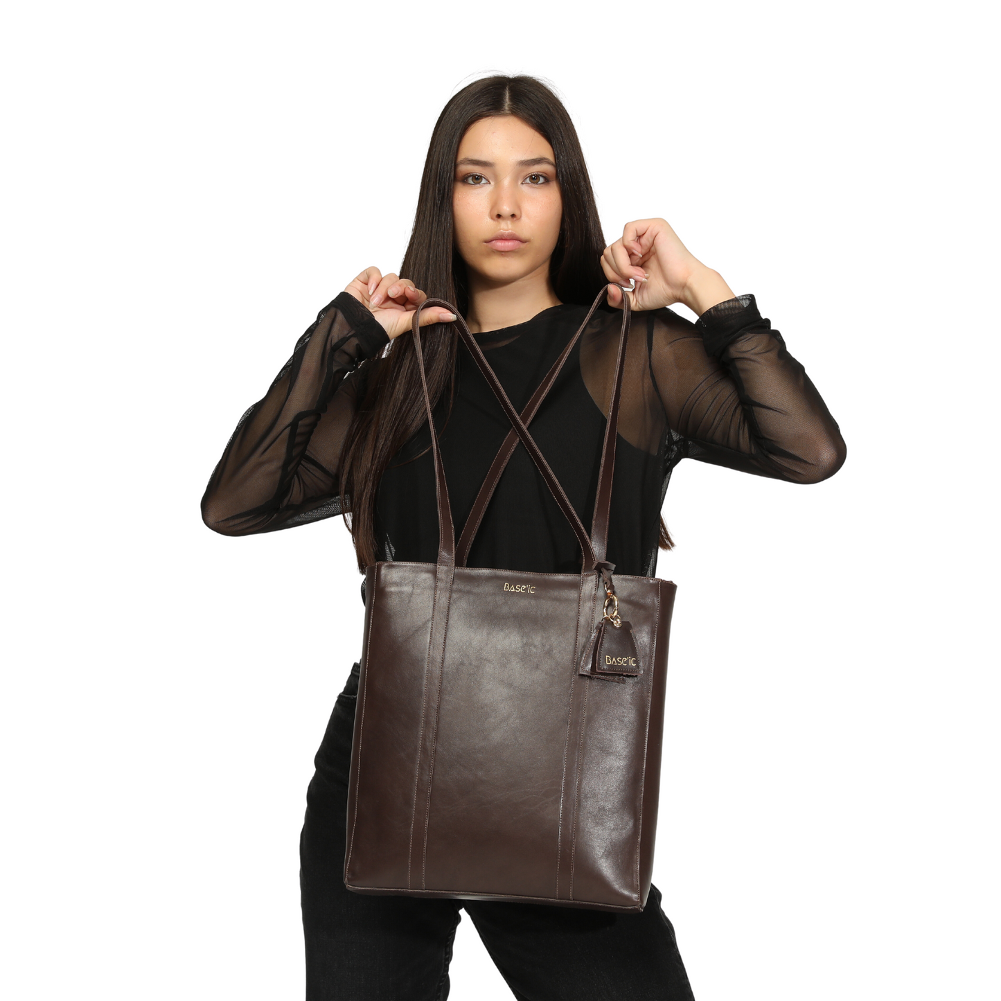 Genuine Leather Shoulder Bag with Multi-Compartment - Bitter Brown