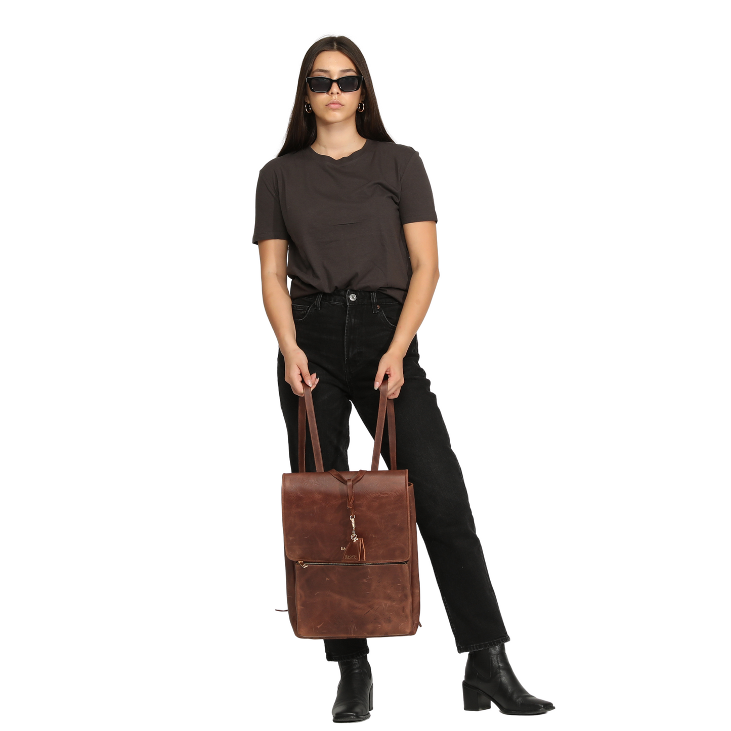 Worn Leather Backpack With Laptop Compartment - Dark Havana