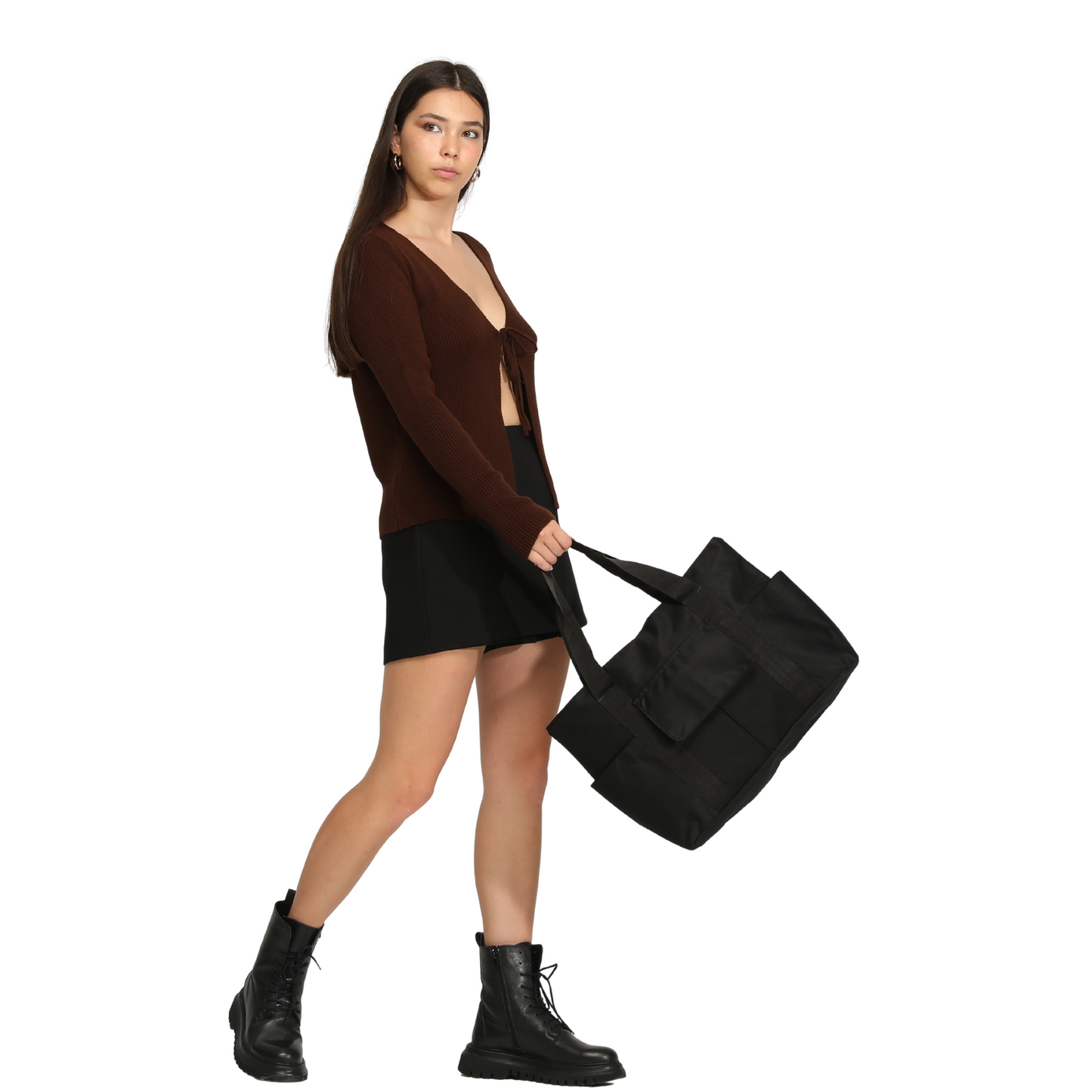 Heavyweight Satin Tote Bag With Pockets - Black