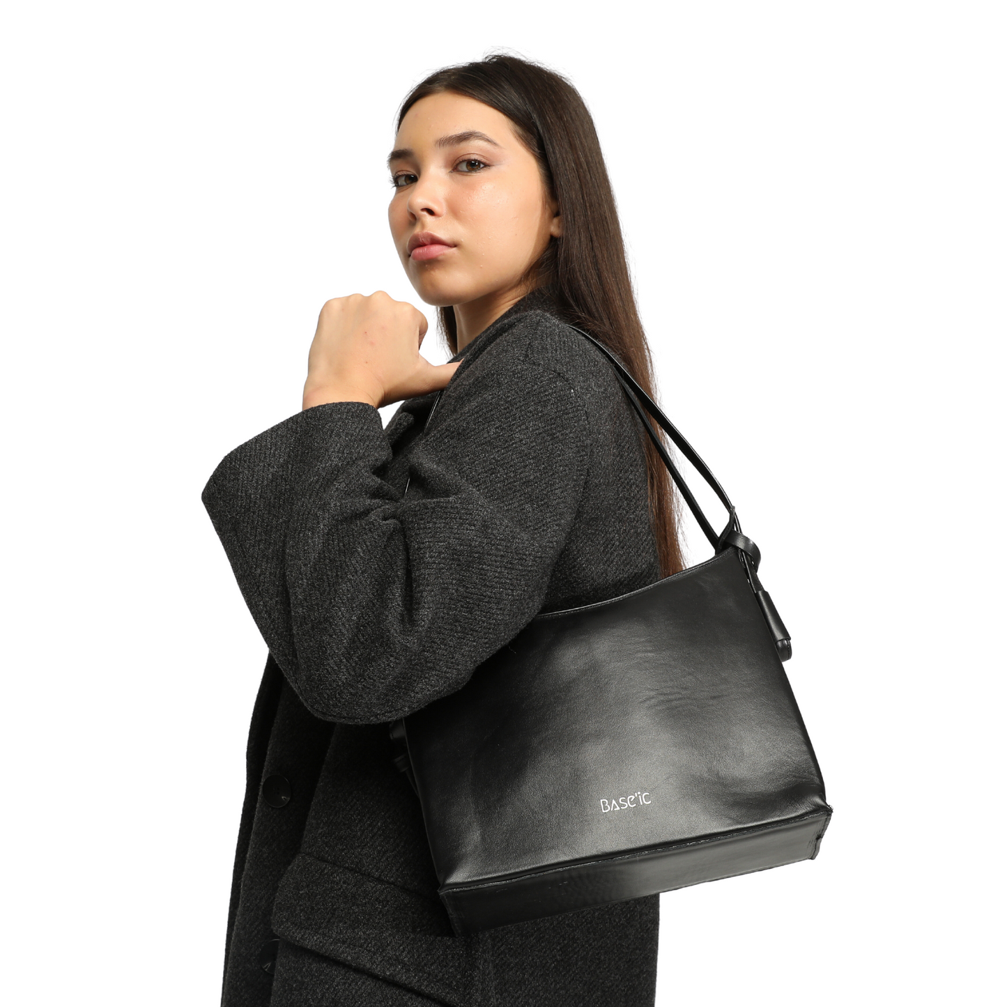 Genuine Leather Shoulder Bag With Flap Detail - Black