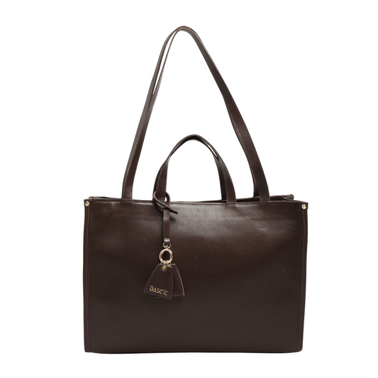 Genuine Leather Shoulder Bag with Laptop Compartment - Bitter Brown