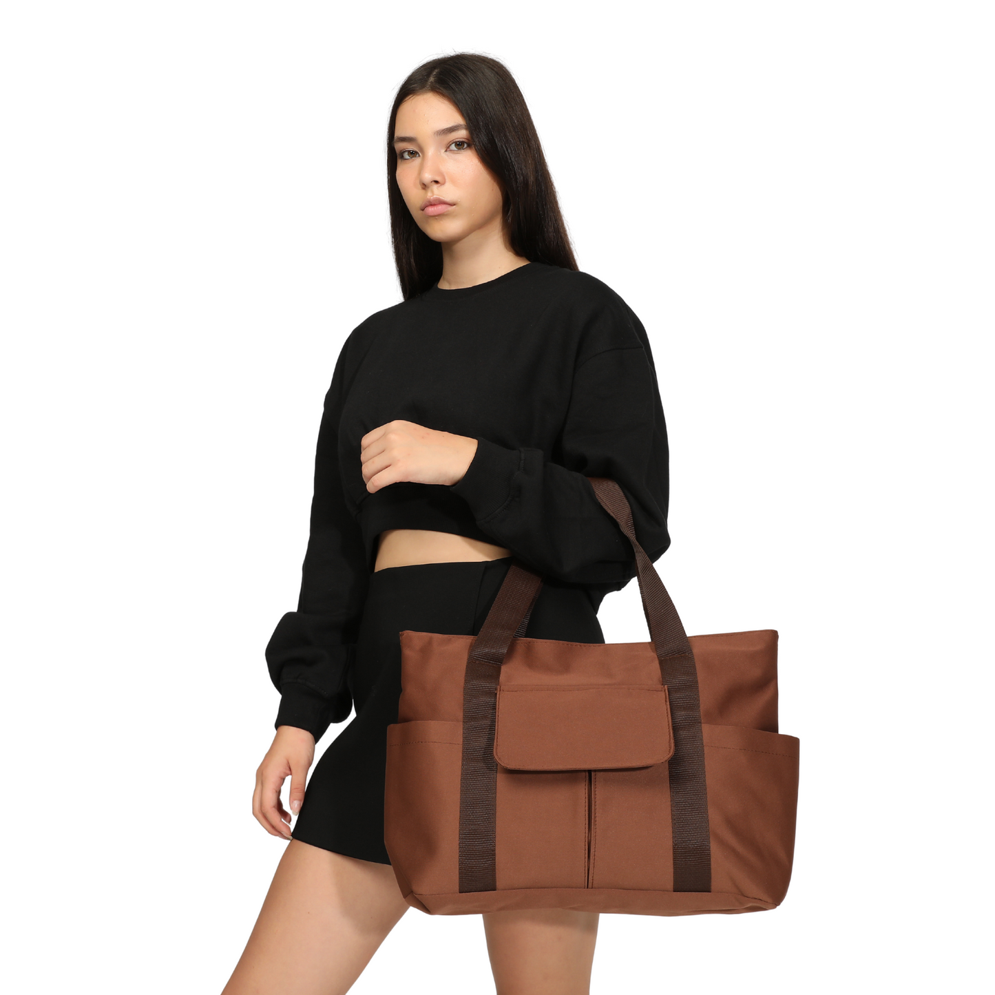 Heavyweight Satin Tote Bag With Pockets - Brown