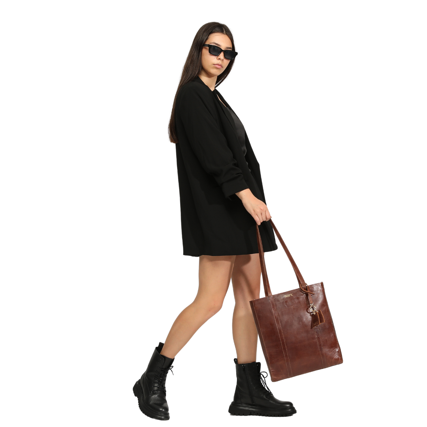 Worn Leather Shoulder Bag with Multi-Compartment - Dark Havana