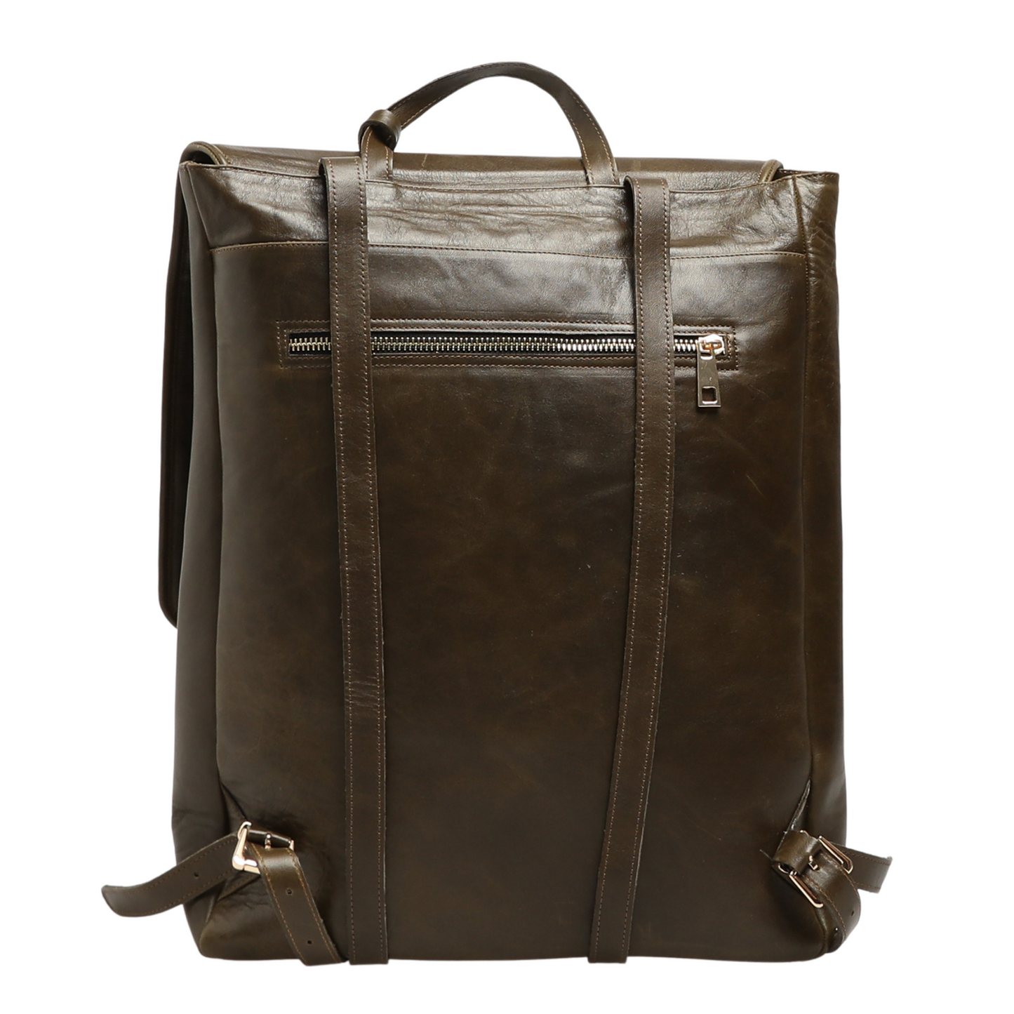 Genuine Leather Backpack With Laptop Compartment - Dark Olive