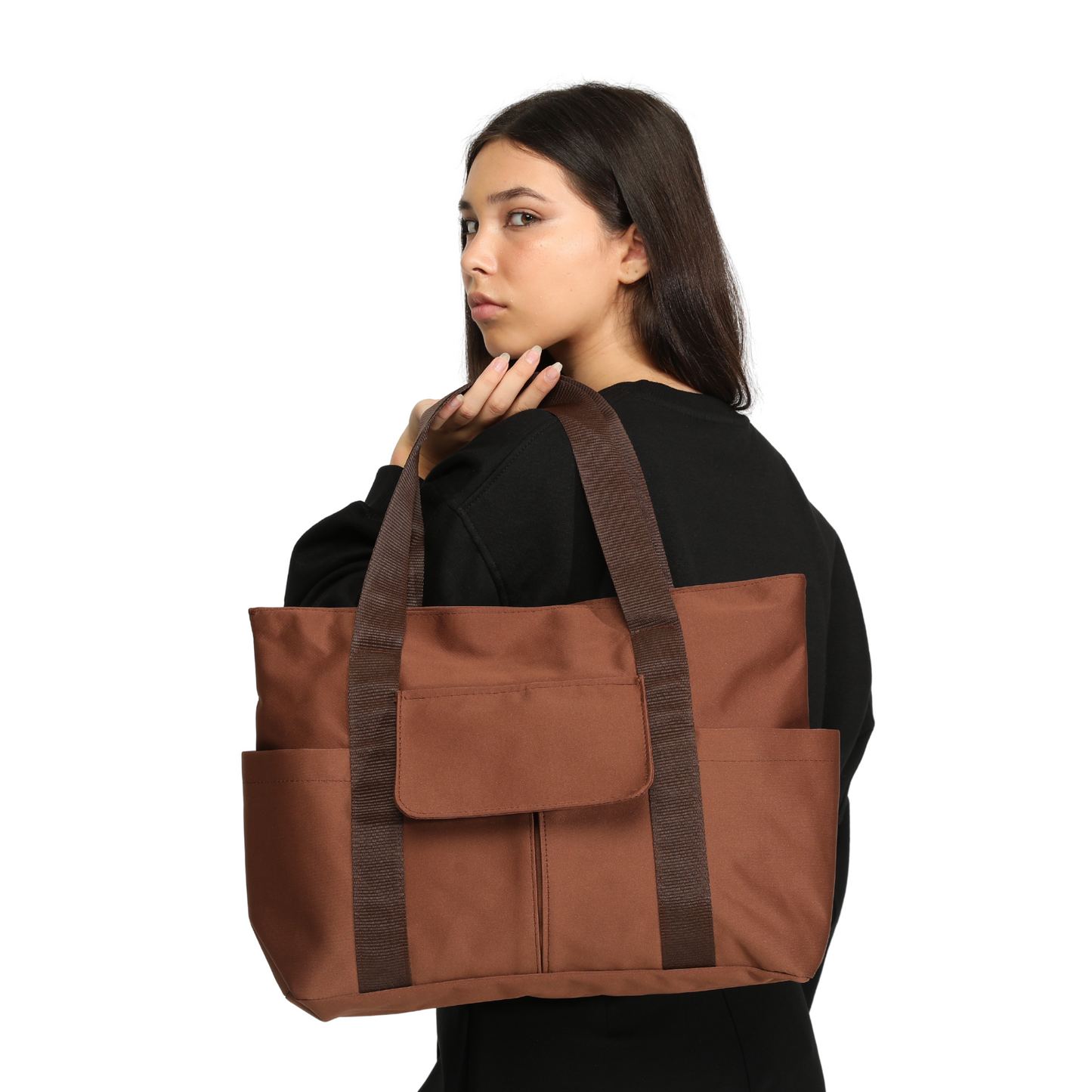 Heavyweight Satin Tote Bag With Pockets - Brown