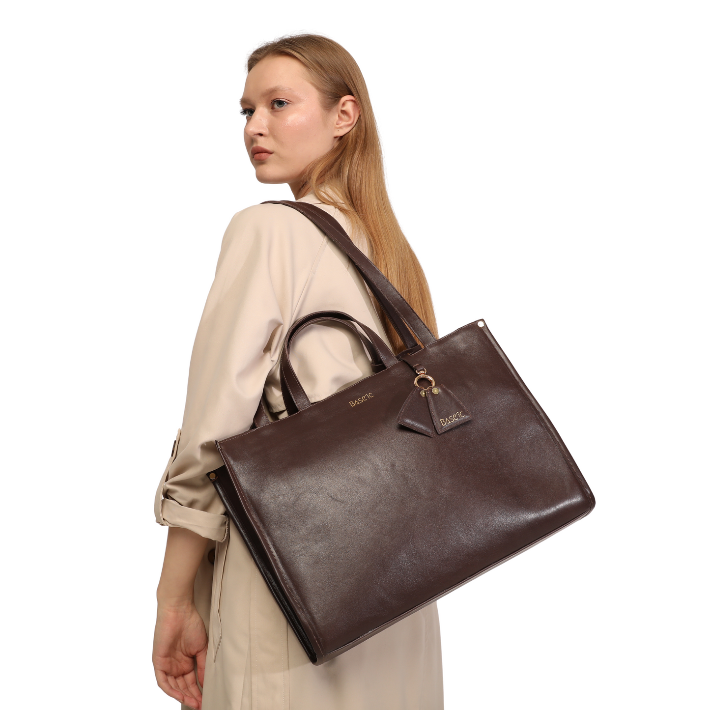 Genuine Leather Shoulder Bag with Laptop Compartment - Bitter Brown