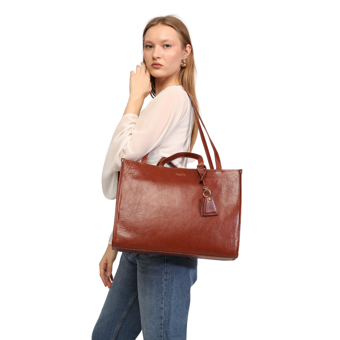 Genuine Leather Shoulder Bag with Laptop Compartment - Coconut