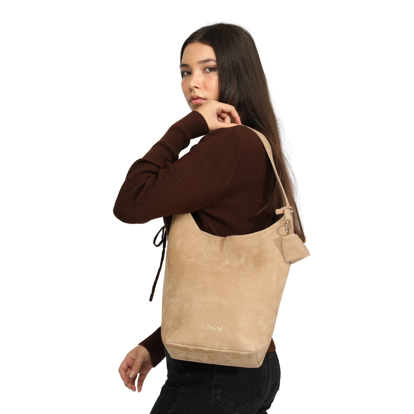 Nubuck Leather Hobo Bag - Sand