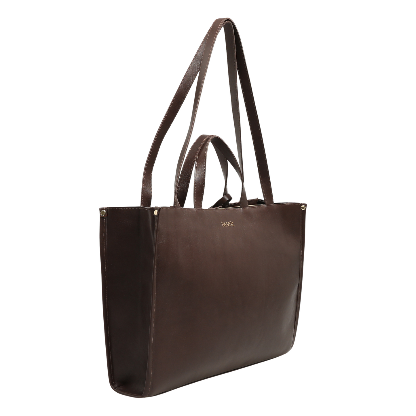 Genuine Leather Shoulder Bag with Laptop Compartment - Bitter Brown